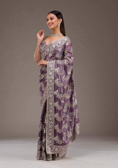 Lavender Threadwork Tissue Saree-Koskii