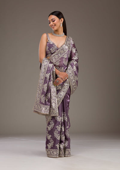 Lavender Threadwork Tissue Saree-Koskii