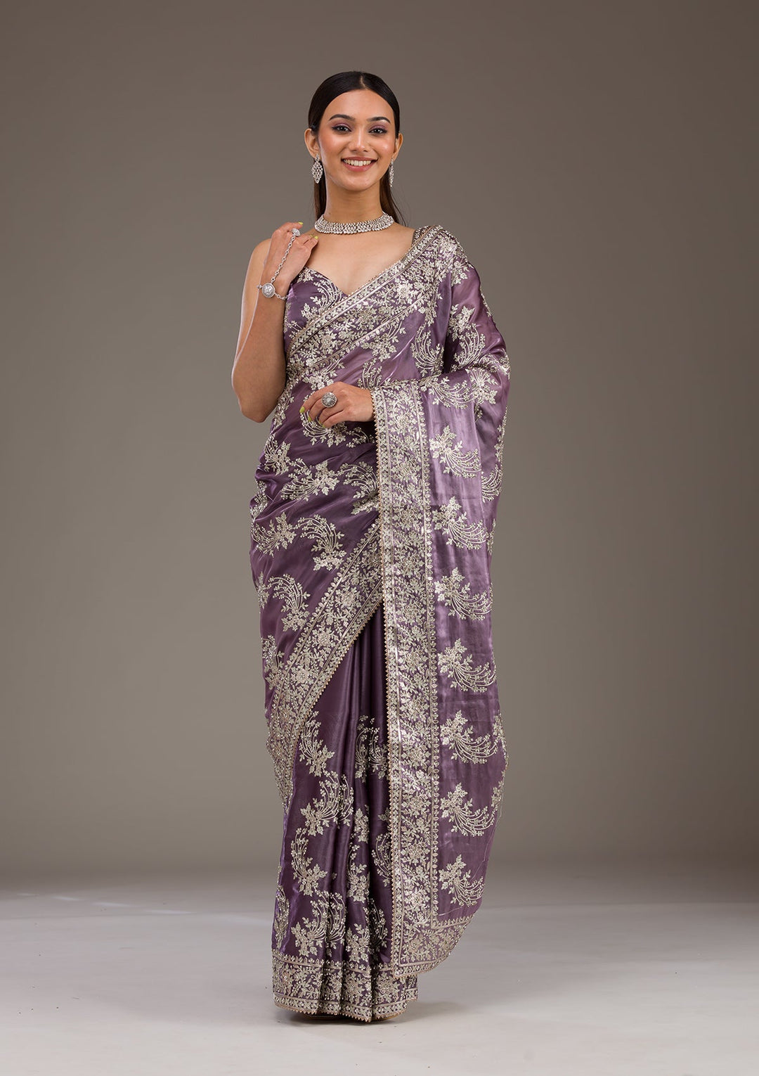 Lavender Threadwork Tissue Saree-Koskii