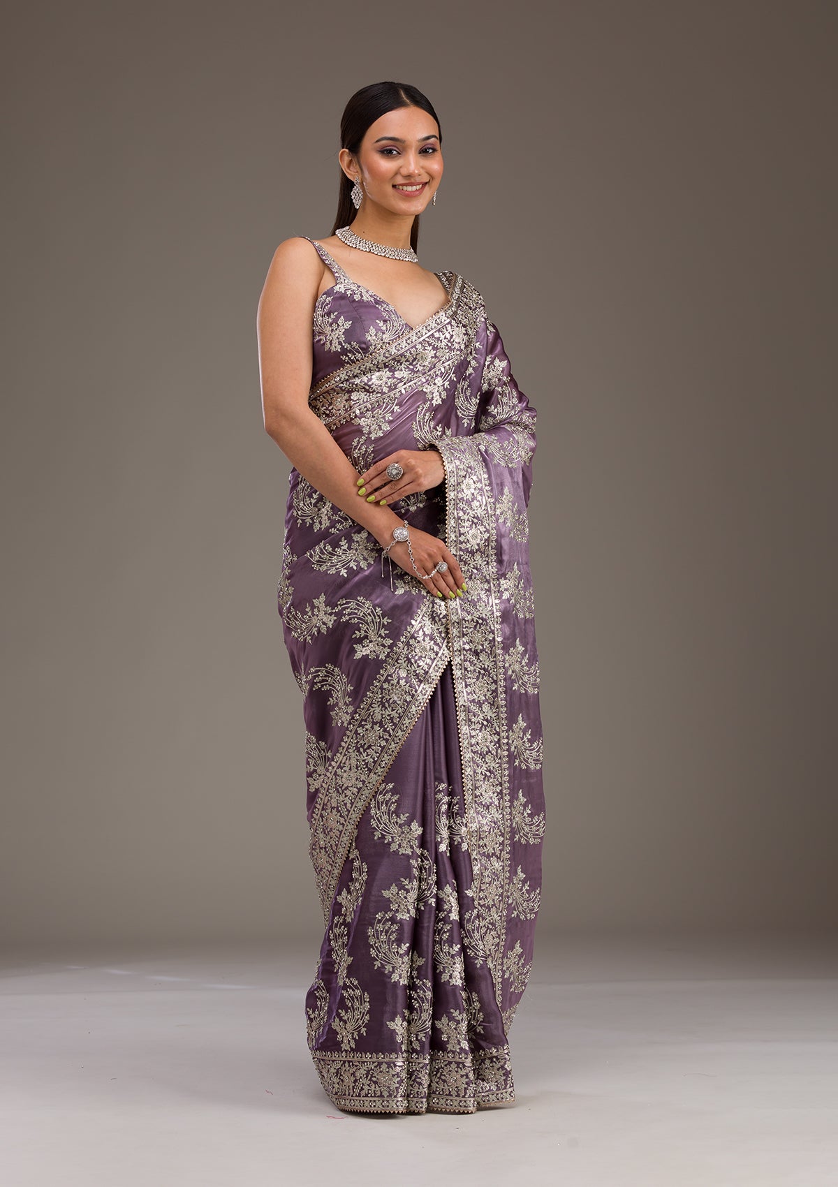 Lavender Threadwork Tissue Saree-Koskii