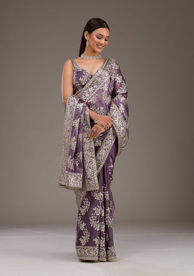 Lavender Threadwork Tissue Saree-Koskii