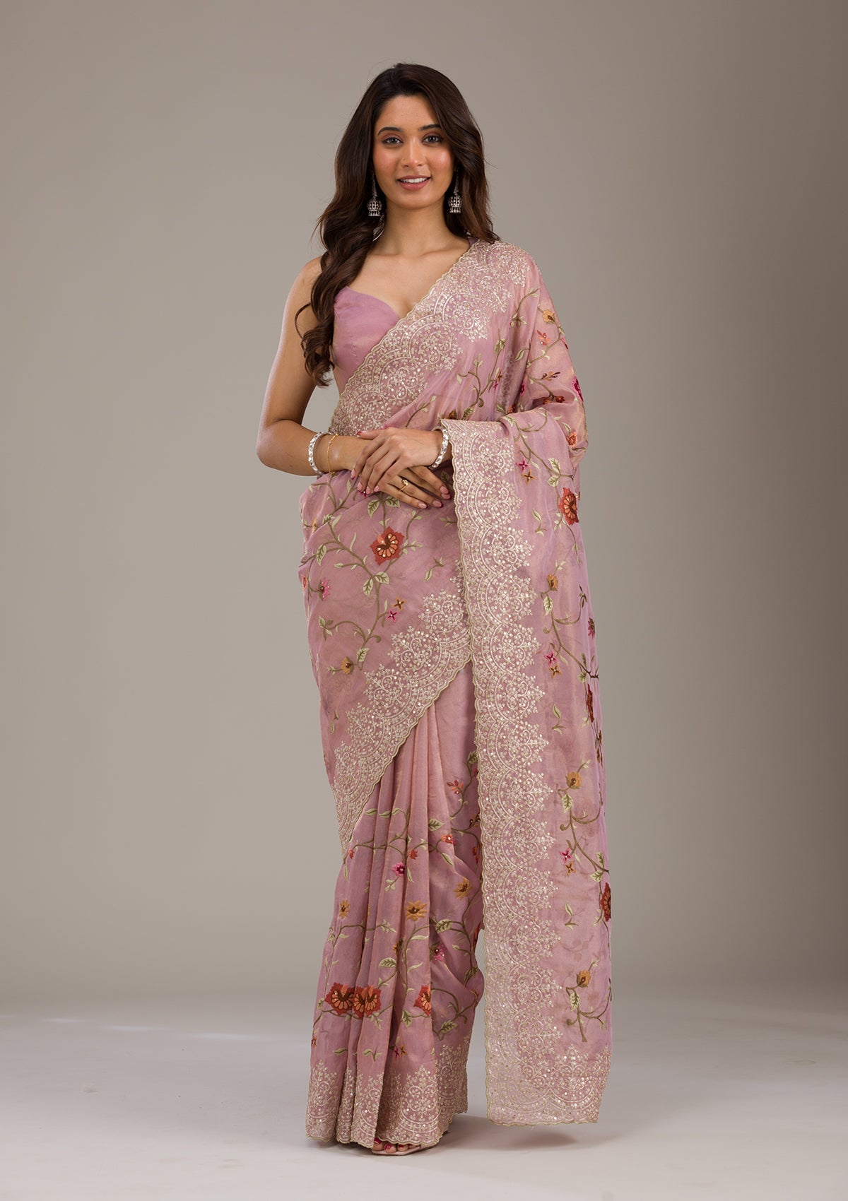 Lavender Threadwork Tissue Saree-Koskii