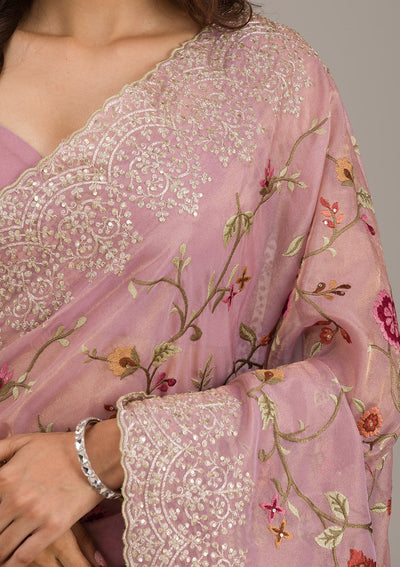 Lavender Threadwork Tissue Saree-Koskii