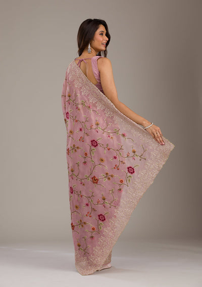 Lavender Threadwork Tissue Saree-Koskii