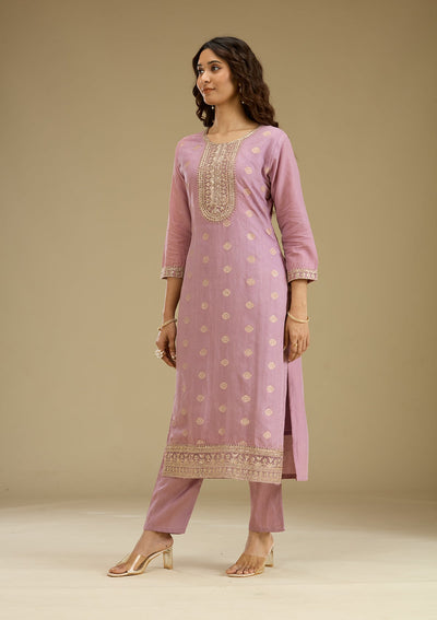 Lavender Zariwork Art Silk Readymade Salwar Suit-Koskii