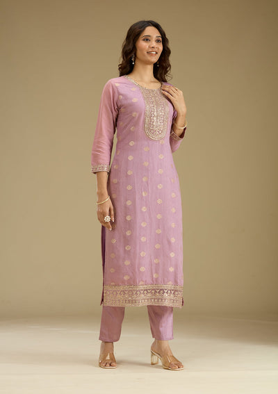 Lavender Zariwork Art Silk Readymade Salwar Suit-Koskii