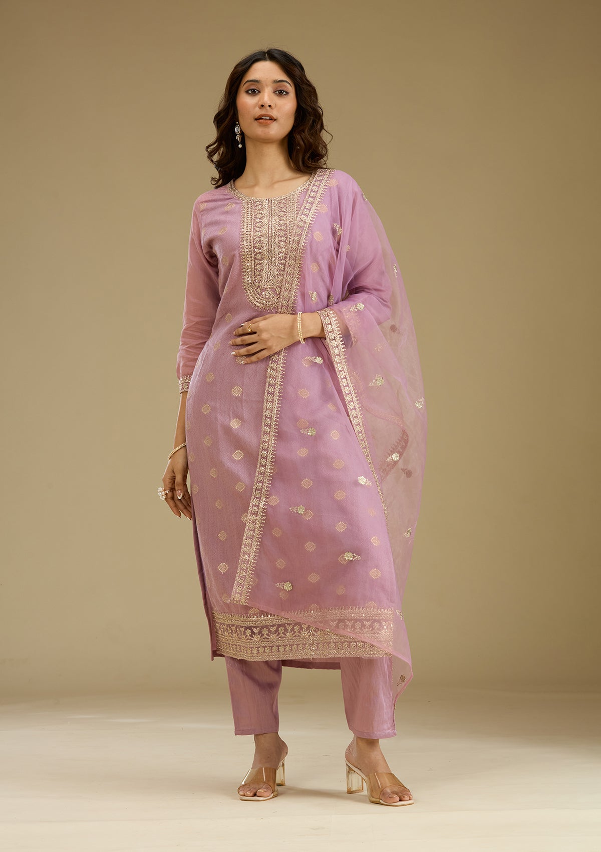 Lavender Zariwork Art Silk Readymade Salwar Suit-Koskii