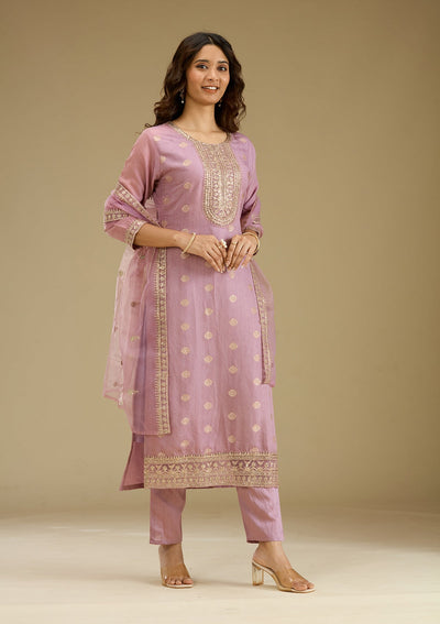 Lavender Zariwork Art Silk Readymade Salwar Suit-Koskii