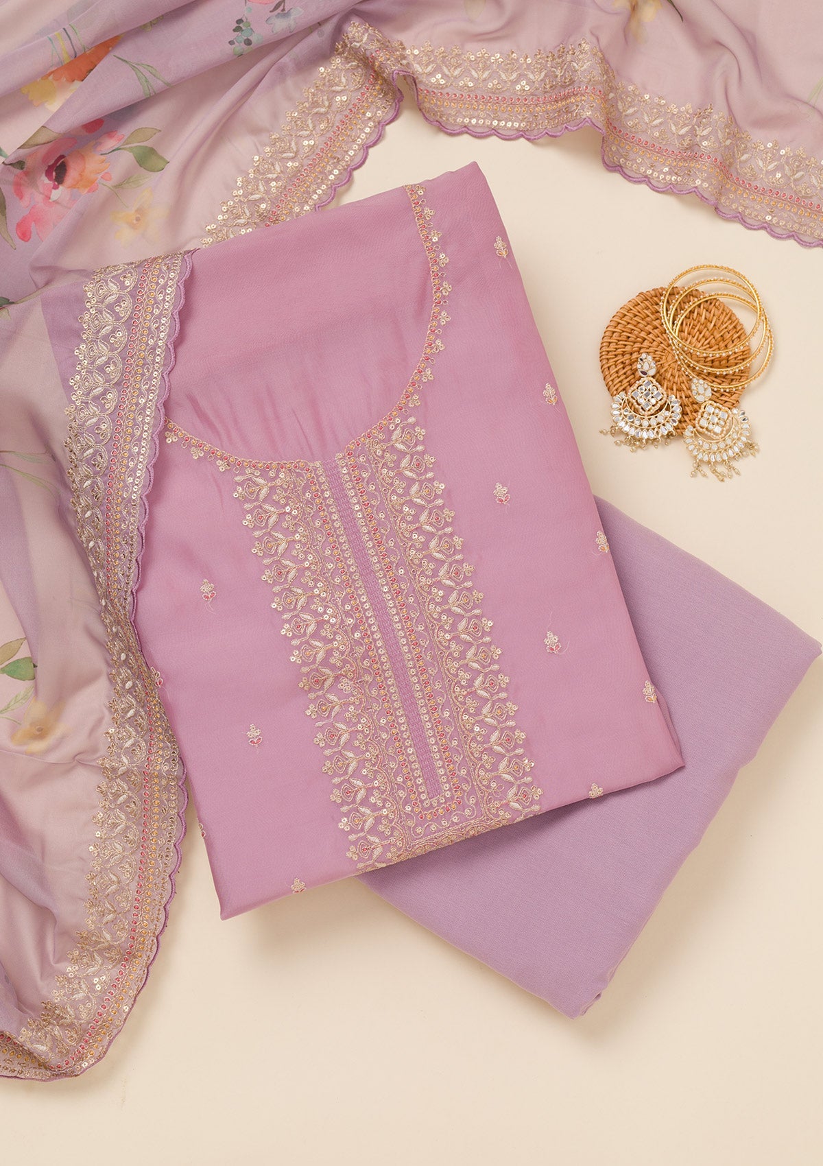 Lavender Zariwork Art Silk Unstitched Salwar Suit-Koskii