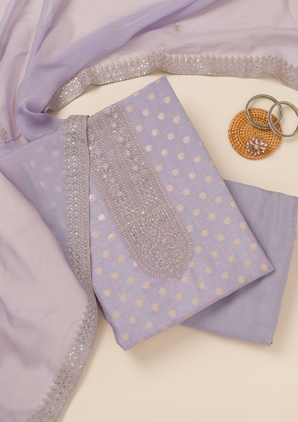 Lavender Zariwork Art Silk Unstitched Salwar Suit-Koskii