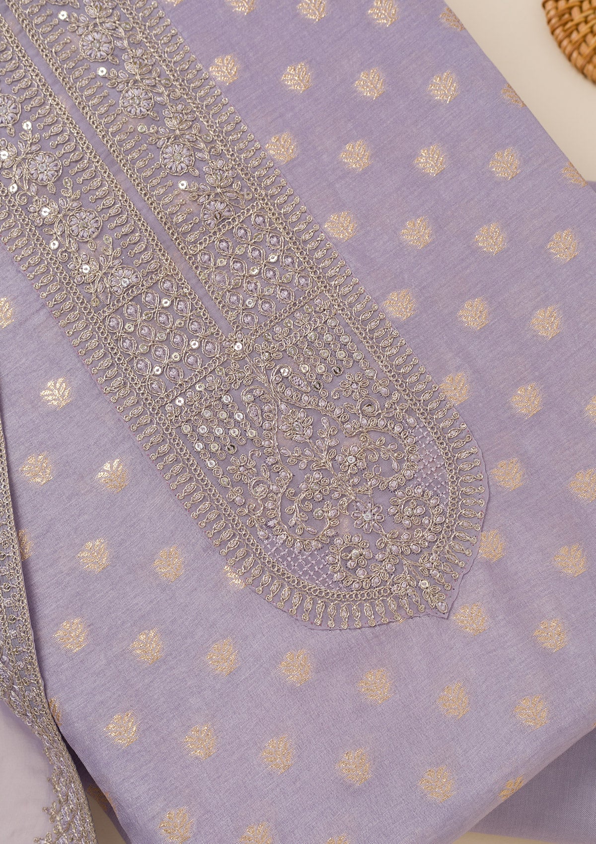 Lavender Zariwork Art Silk Unstitched Salwar Suit-Koskii