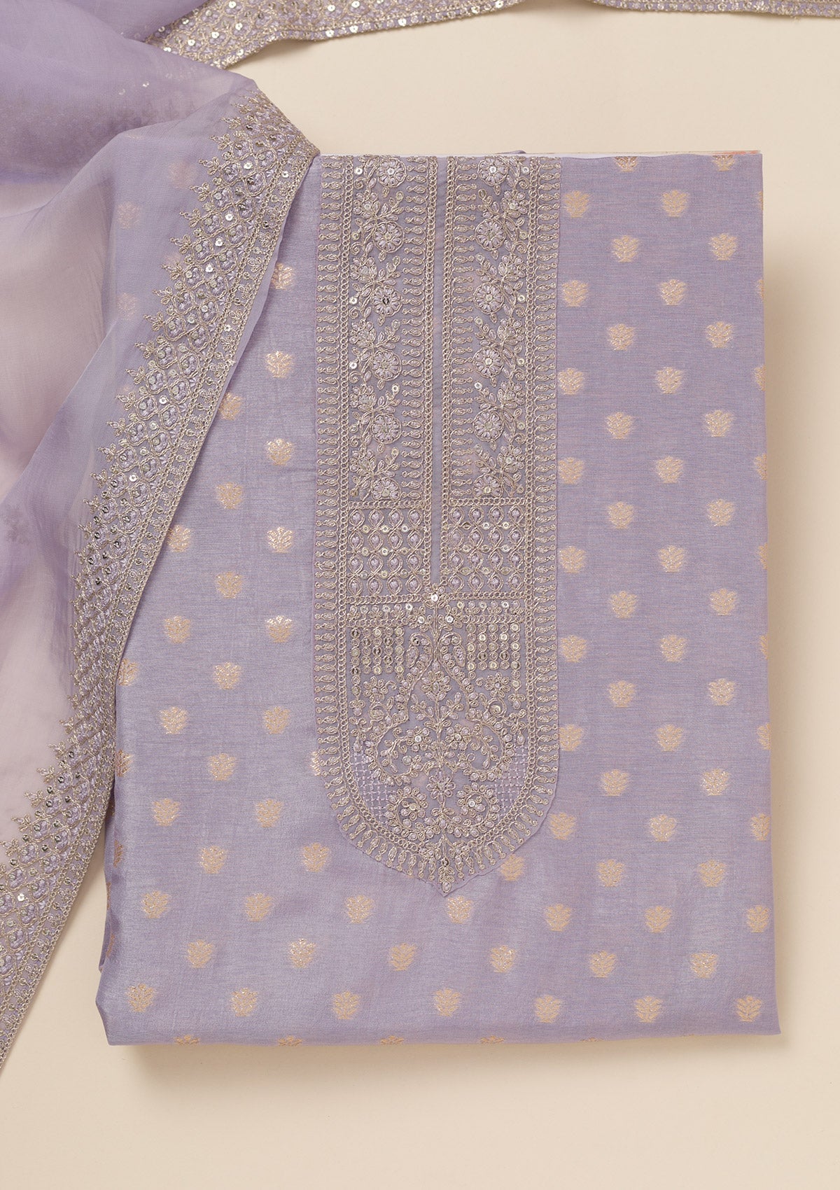 Lavender Zariwork Art Silk Unstitched Salwar Suit-Koskii