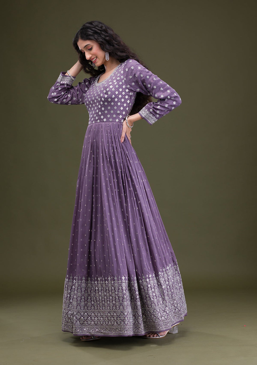 Lavender Zariwork Georgette Readymade Salwar Suit-Koskii