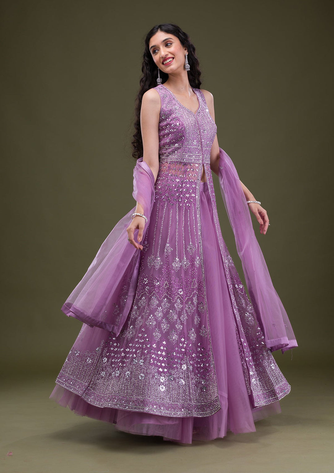 Lavender Zariwork Net Readymade Salwar Suit-Koskii