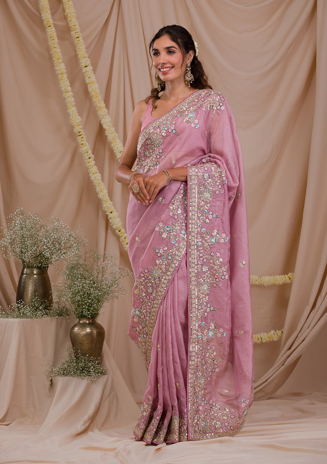 Lavender Zariwork Net Saree-Koskii
