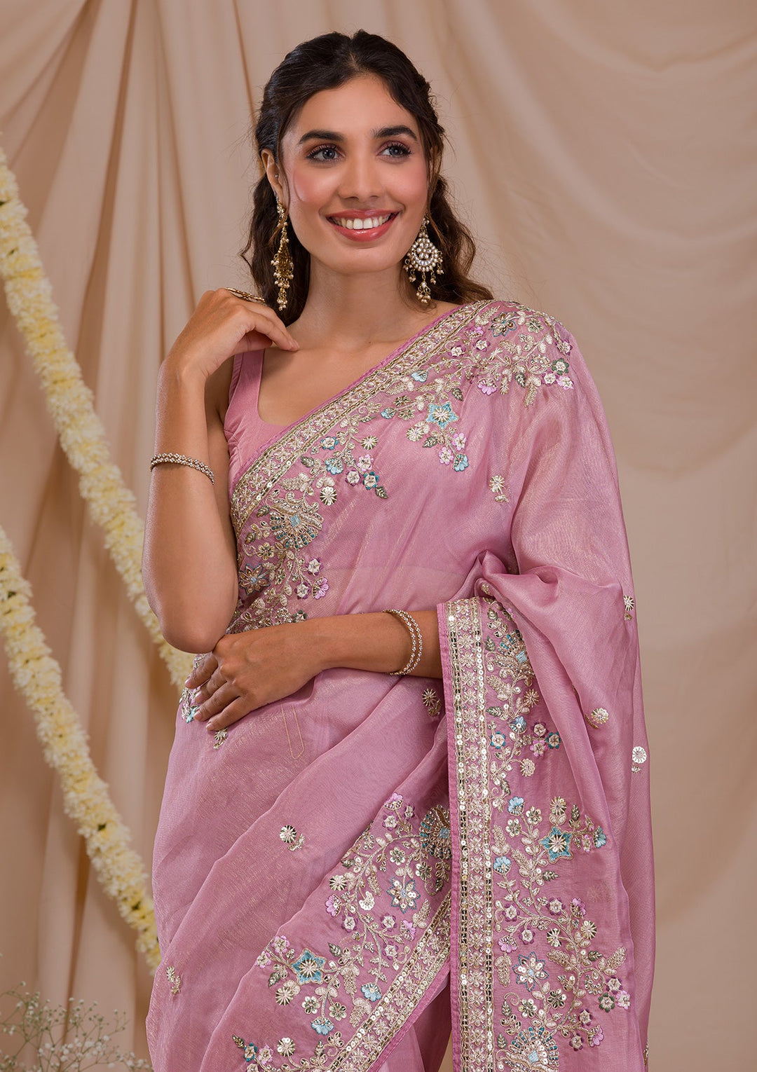 Lavender Zariwork Net Saree-Koskii