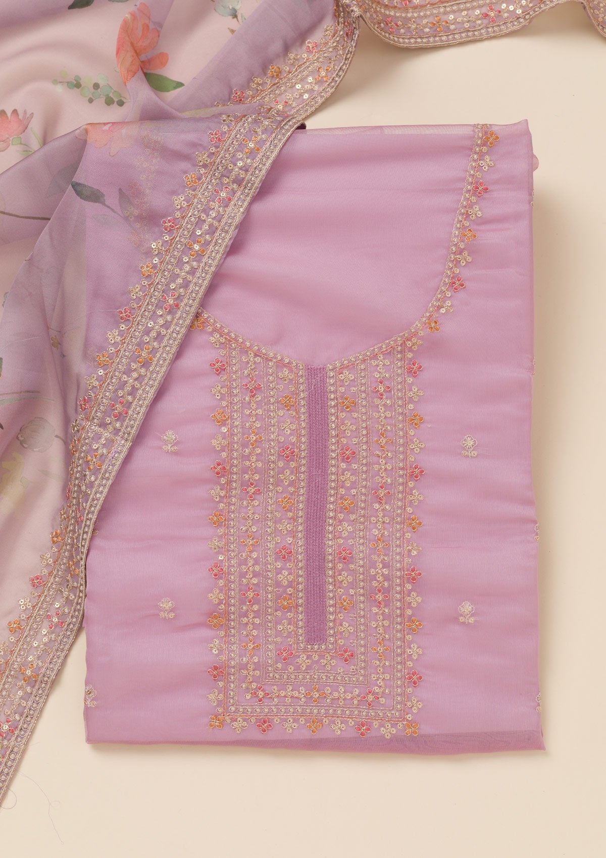 Lavender Zariwork Organza Unstitched Salwar Suit-Koskii