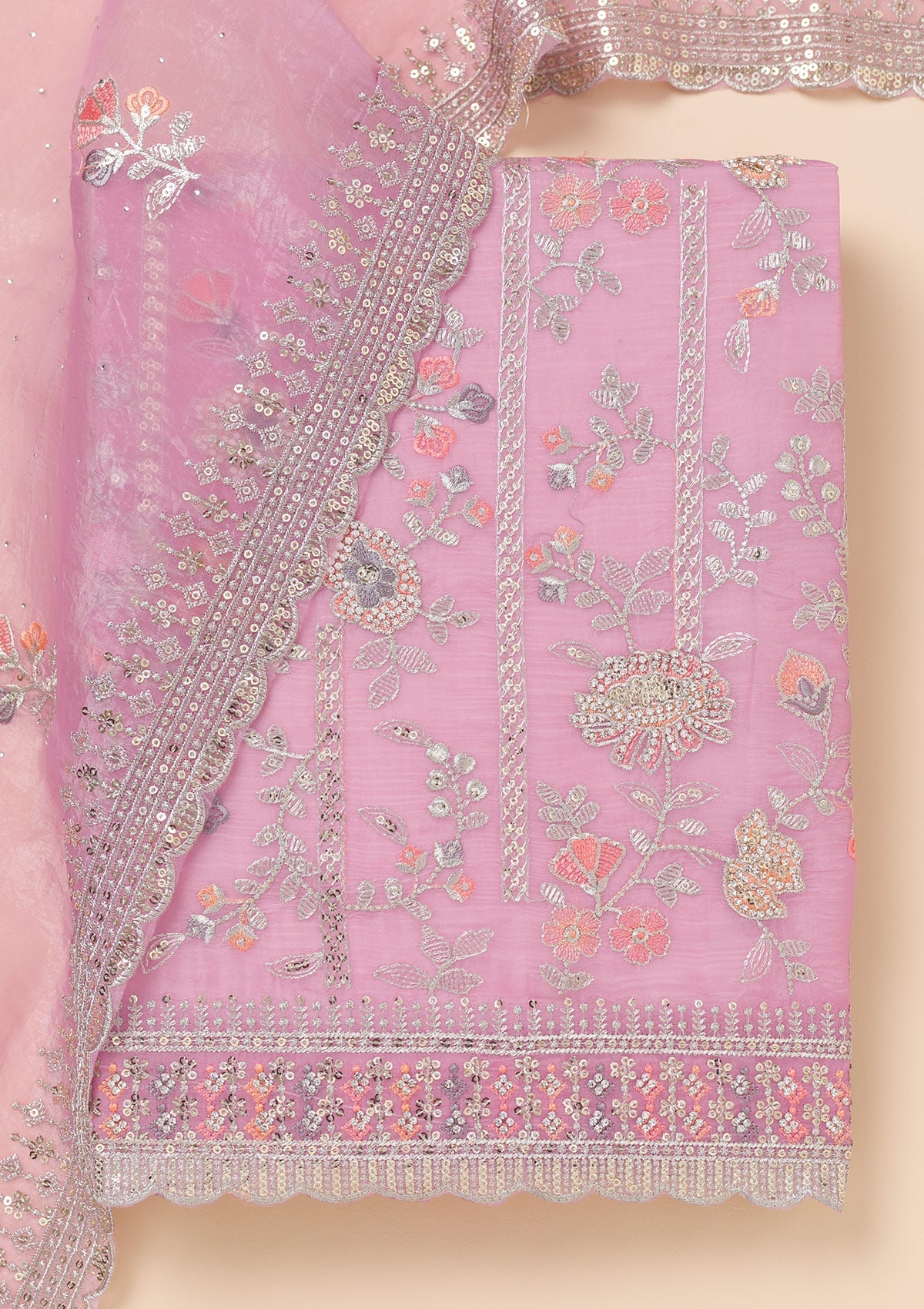 Lavender Zariwork Organza Unstitched Salwar Suit-Koskii