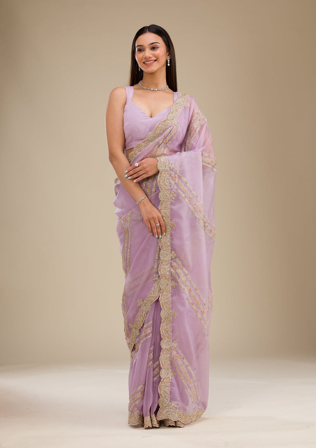 Lavender Zariwork Organza Saree-Koskii