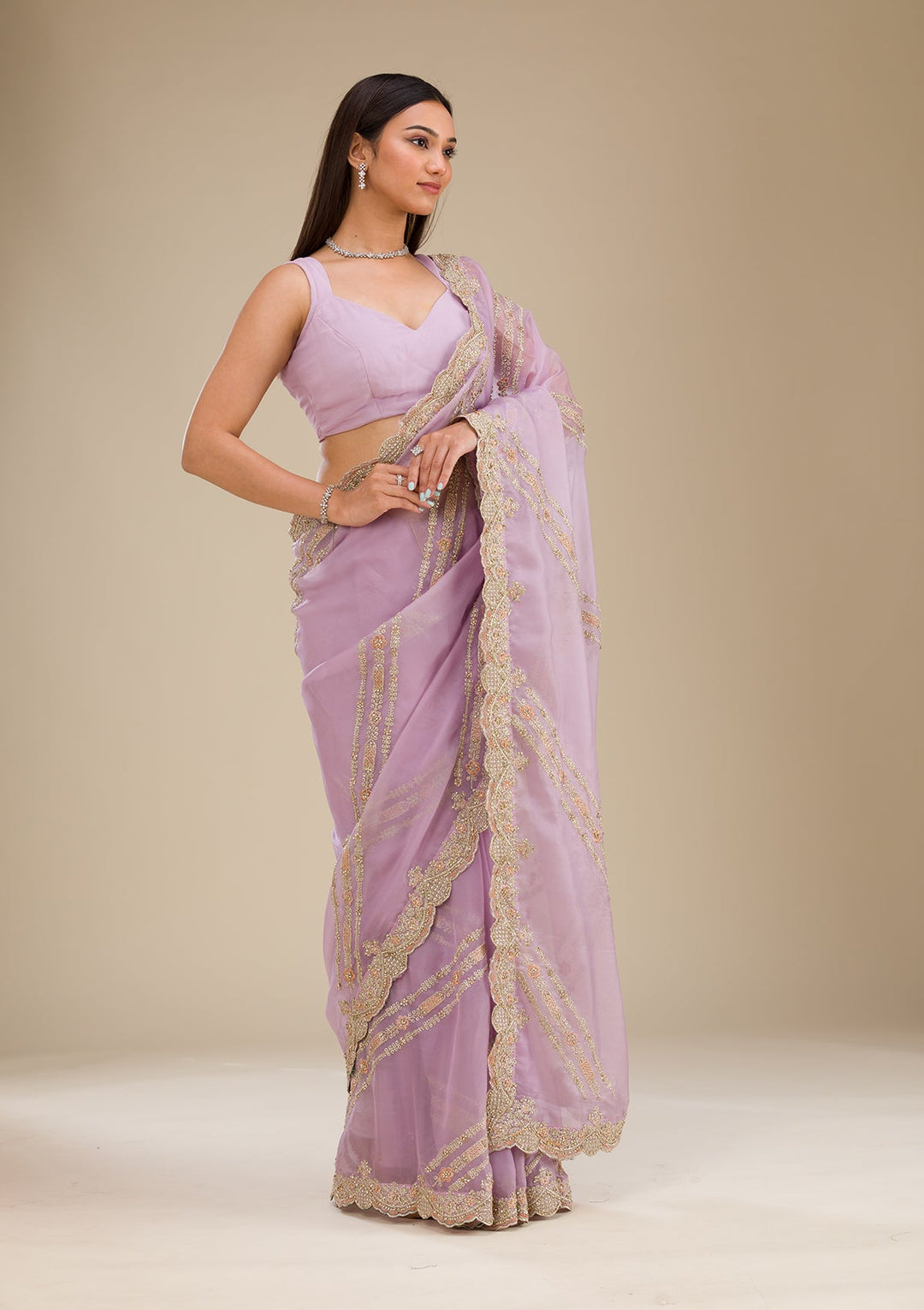 Lavender Zariwork Organza Saree-Koskii