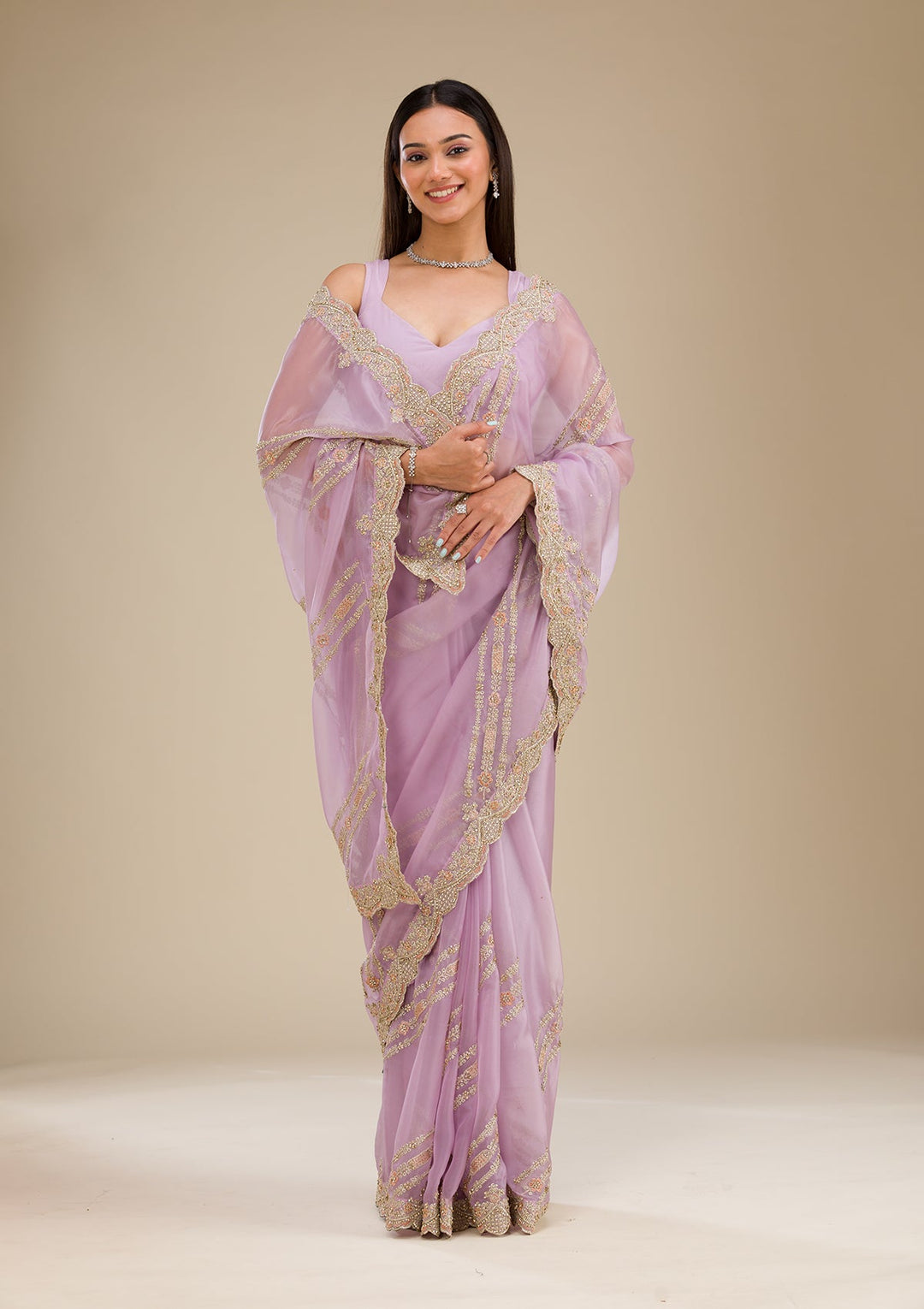 Lavender Zariwork Organza Saree-Koskii