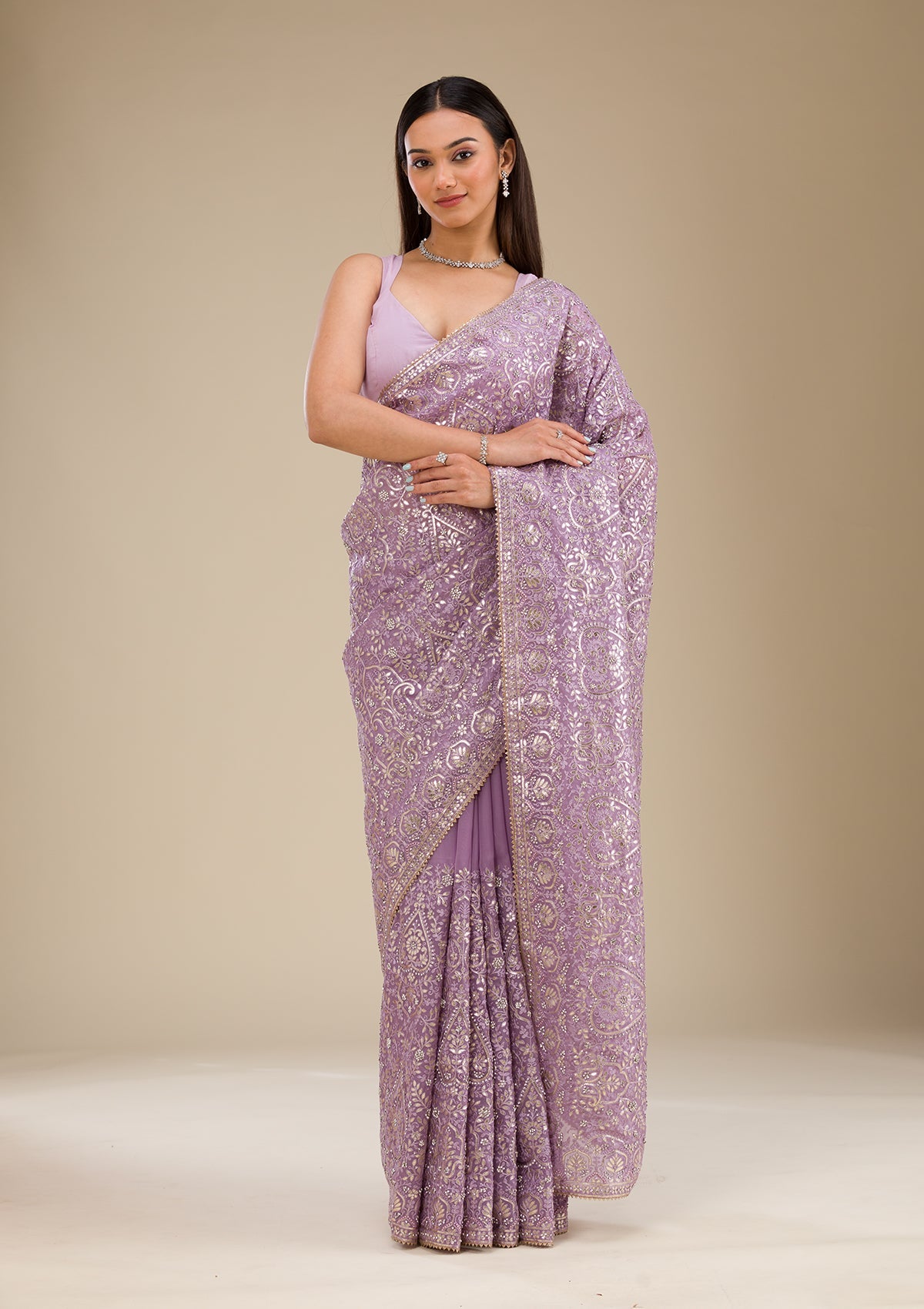 Lavender Zariwork Organza Saree-Koskii