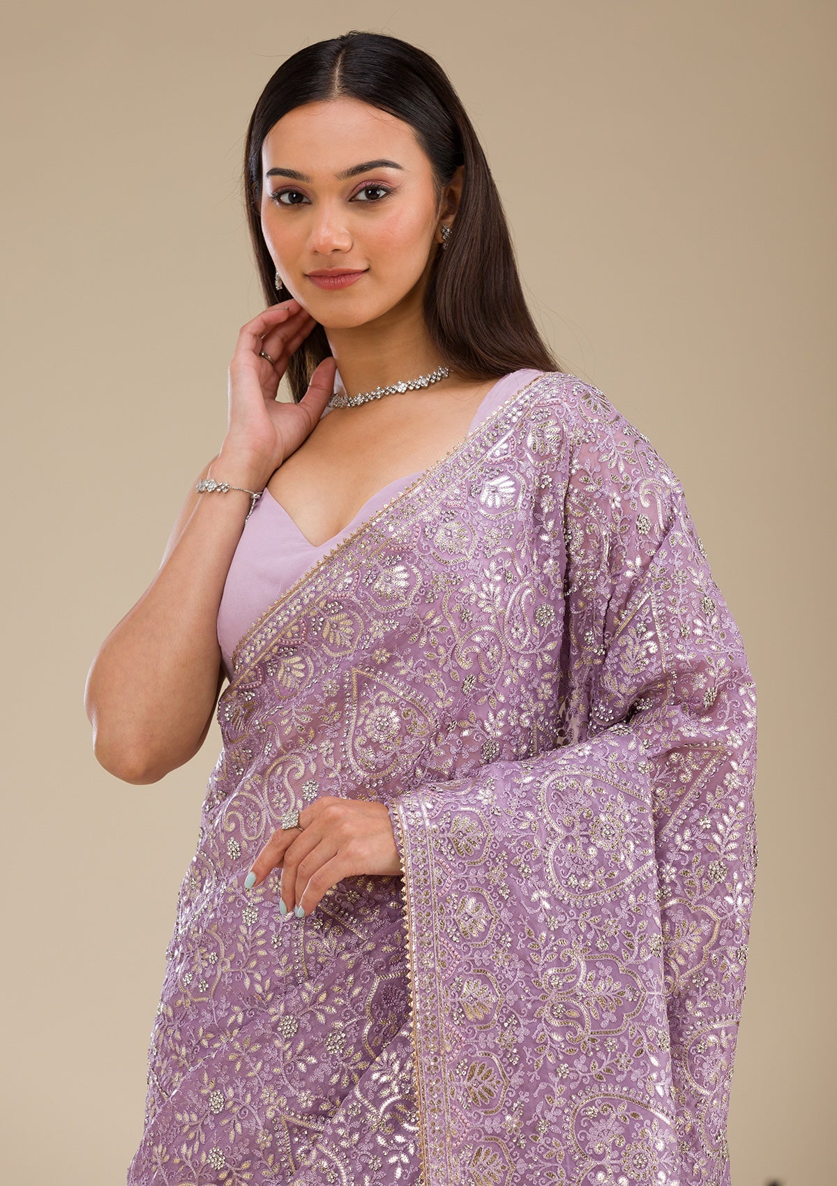 Lavender Zariwork Organza Saree-Koskii