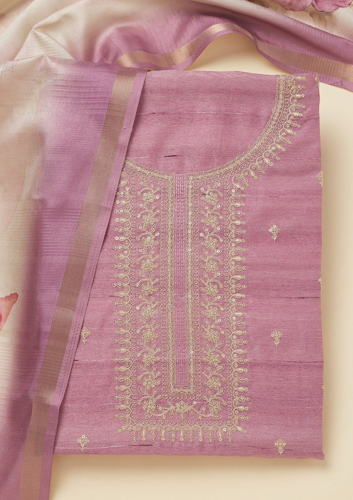 Lavender Zariwork Raw Silk Unstitched Salwar Suit-Koskii