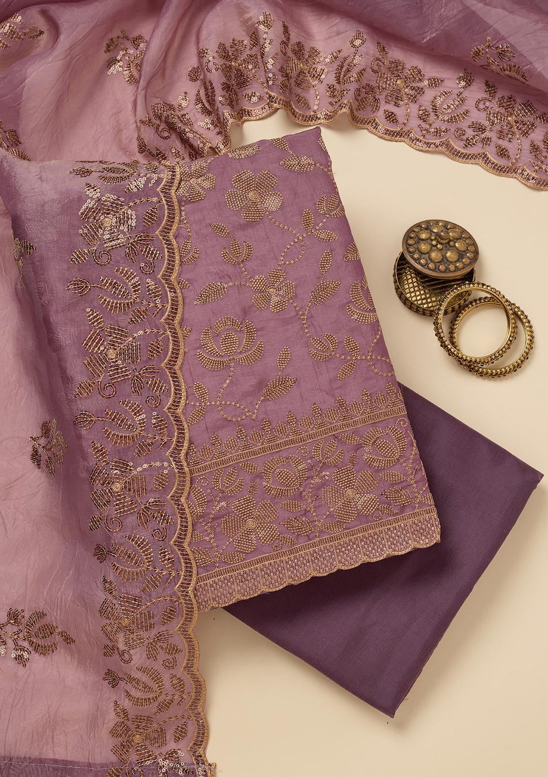 Lavender Zariwork Raw Silk Unstitched Salwar Suit-Koskii