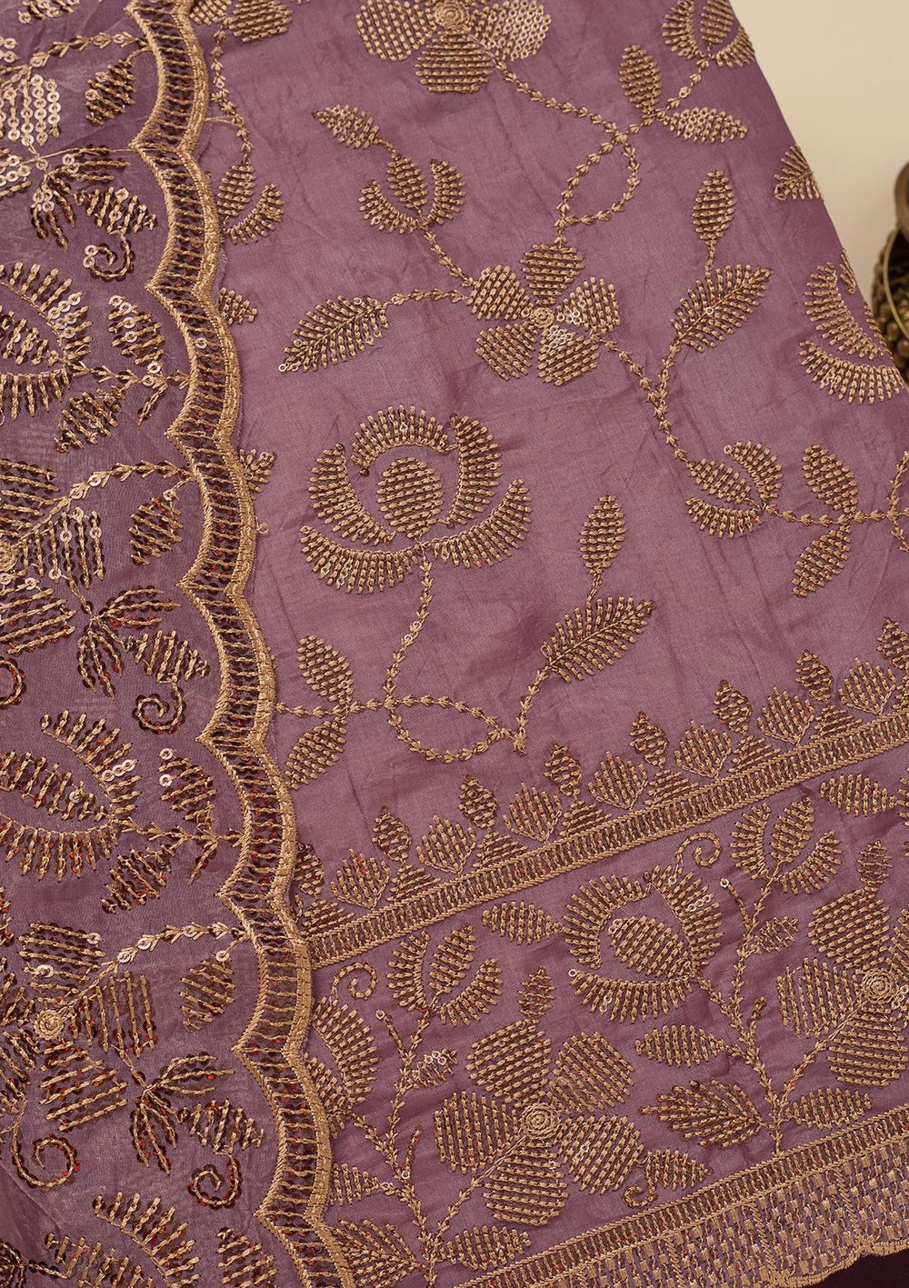 Lavender Zariwork Raw Silk Unstitched Salwar Suit-Koskii