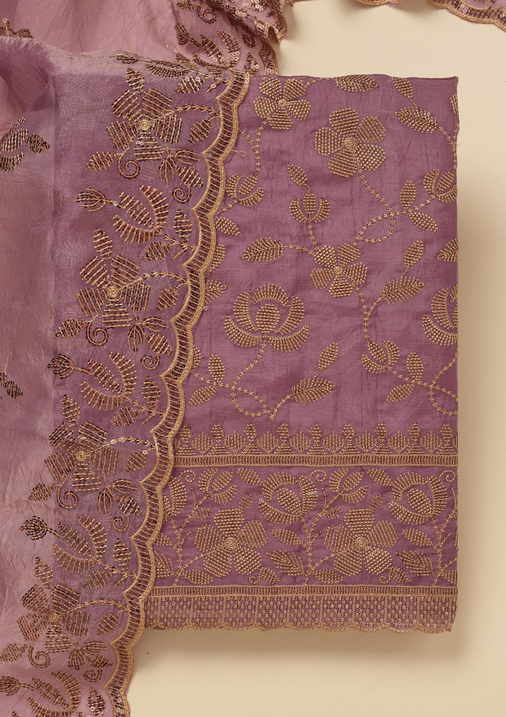 Lavender Zariwork Raw Silk Unstitched Salwar Suit-Koskii