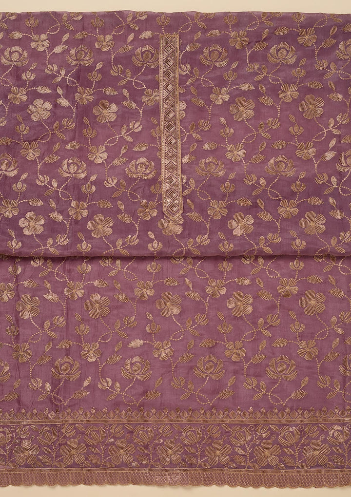 Lavender Zariwork Raw Silk Unstitched Salwar Suit-Koskii