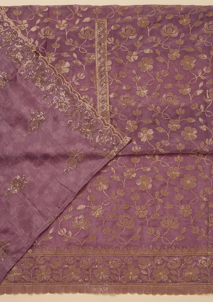 Lavender Zariwork Raw Silk Unstitched Salwar Suit-Koskii