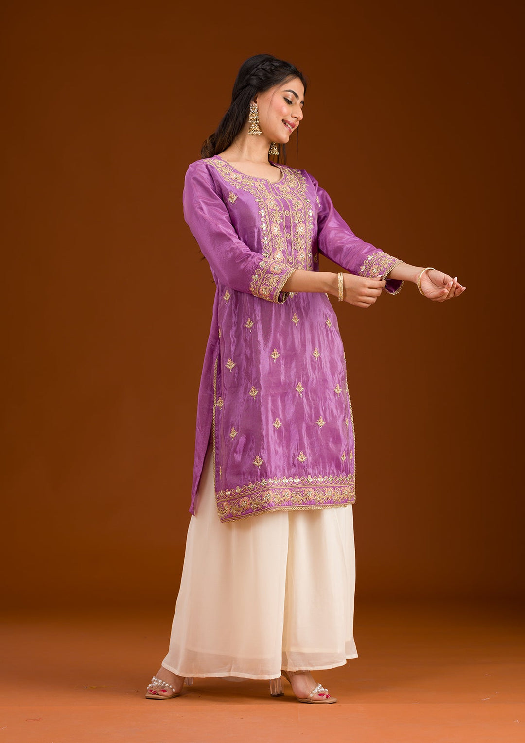 Lavender Zariwork Semi Crepe Readymade Salwar Suit