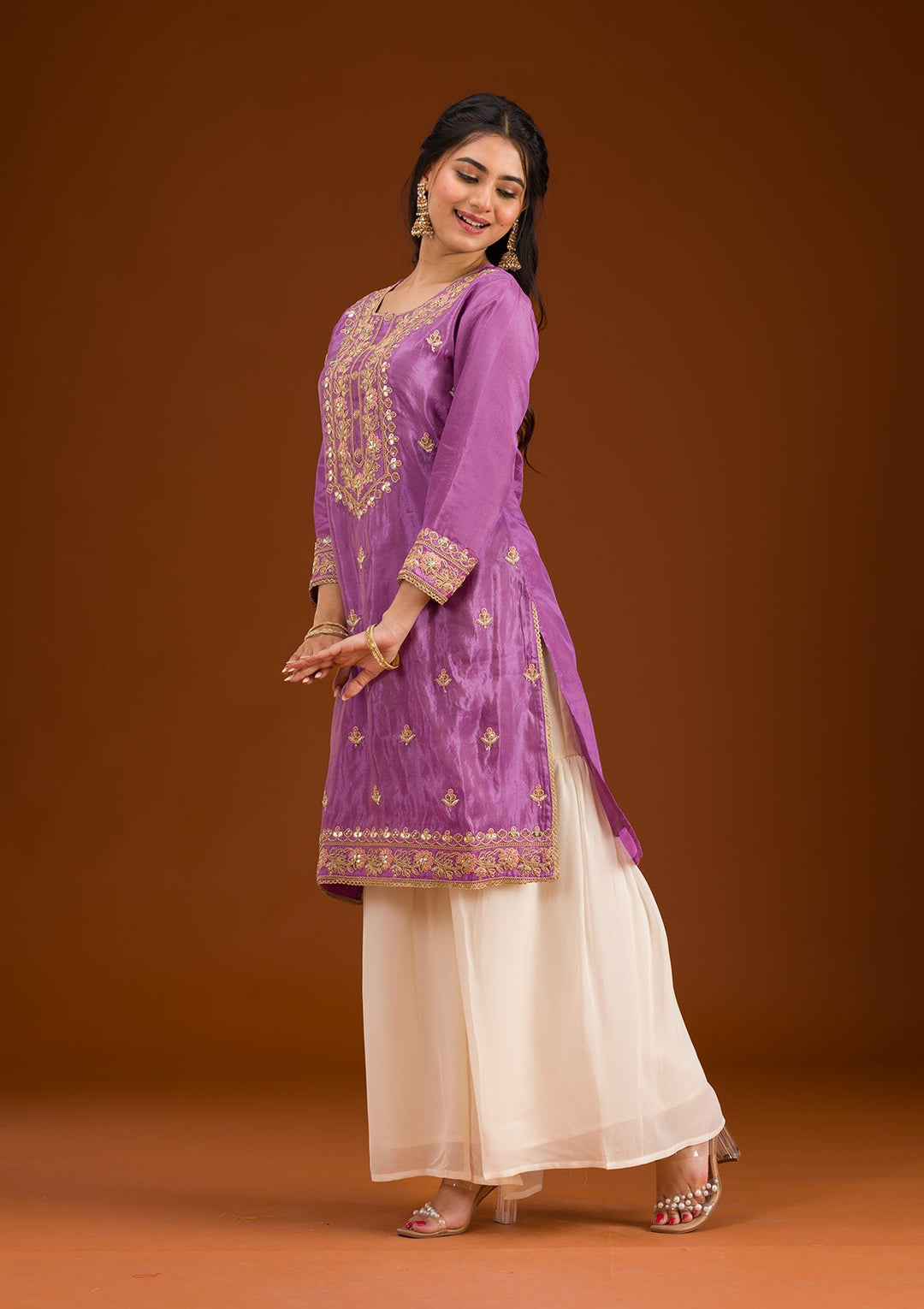 Lavender Zariwork Semi Crepe Readymade Salwar Suit