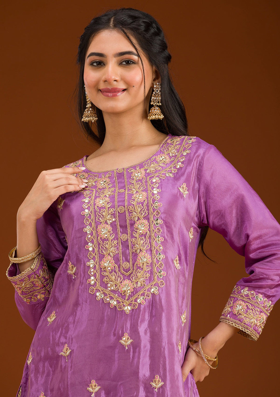 Lavender Zariwork Semi Crepe Readymade Salwar Suit-Koskii