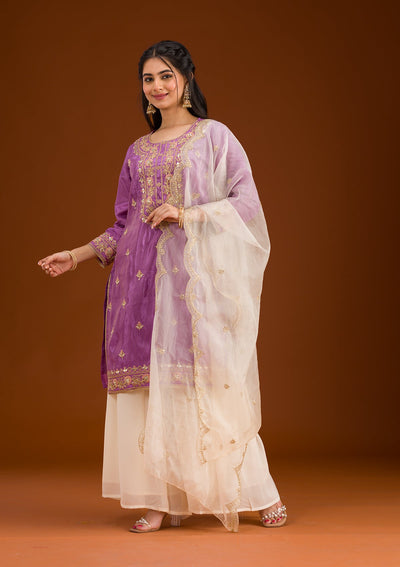 Lavender Zariwork Semi Crepe Readymade Salwar Suit-Koskii