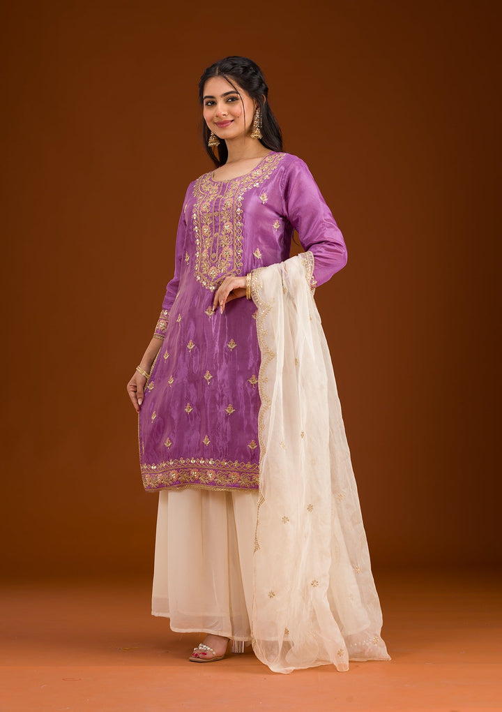 Lavender Zariwork Semi Crepe Readymade Salwar Suit