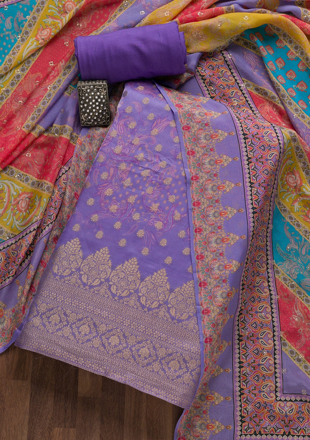Lavender Zariwork Semi Crepe Unstitched Salwar Suit-Koskii