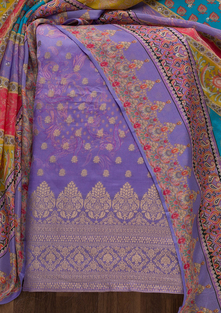 Lavender Zariwork Semi Crepe Unstitched Salwar Suit-Koskii