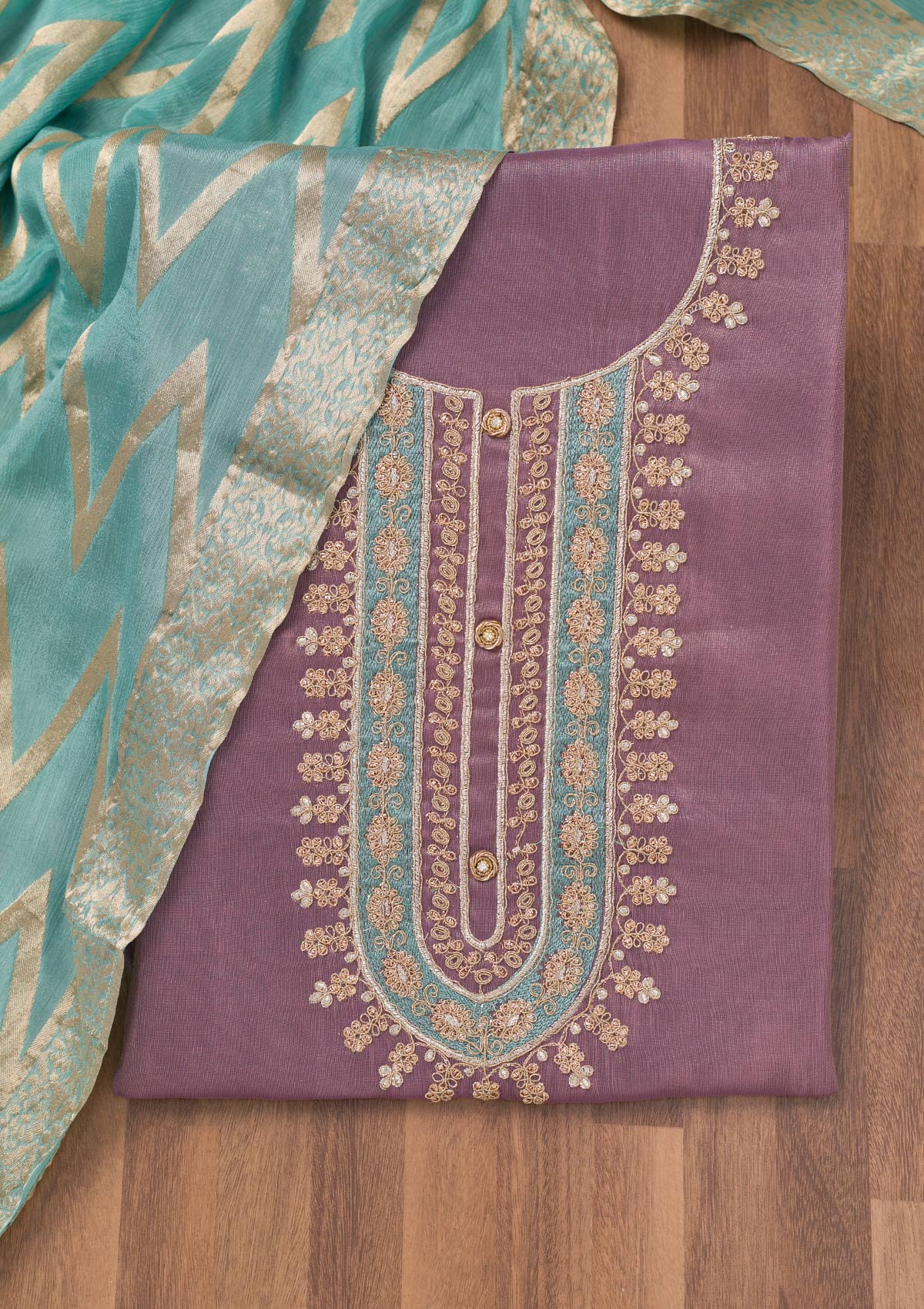 Lavender Zariwork Semi Crepe Unstitched Salwar Suit-Koskii