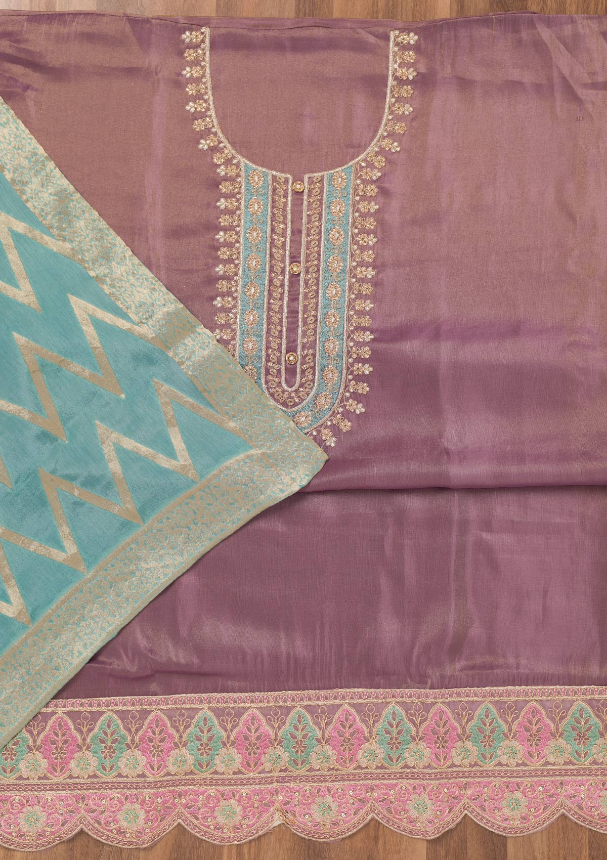 Lavender Zariwork Semi Crepe Unstitched Salwar Suit-Koskii