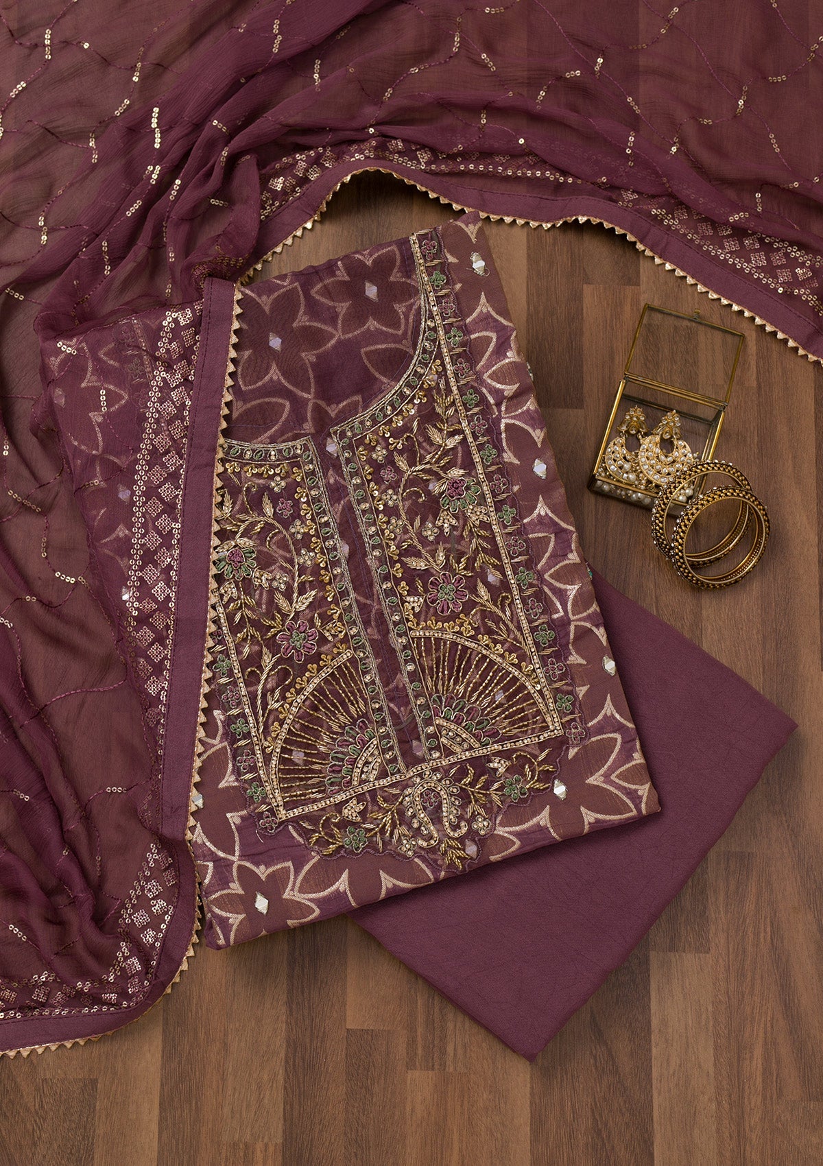 Lavender Zariwork Semi Crepe Unstitched Salwar Suit-Koskii