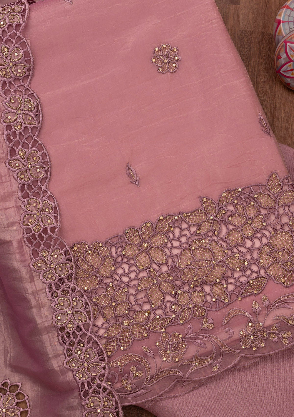 Lavender Zariwork Semi Crepe Unstitched Salwar Suit-Koskii