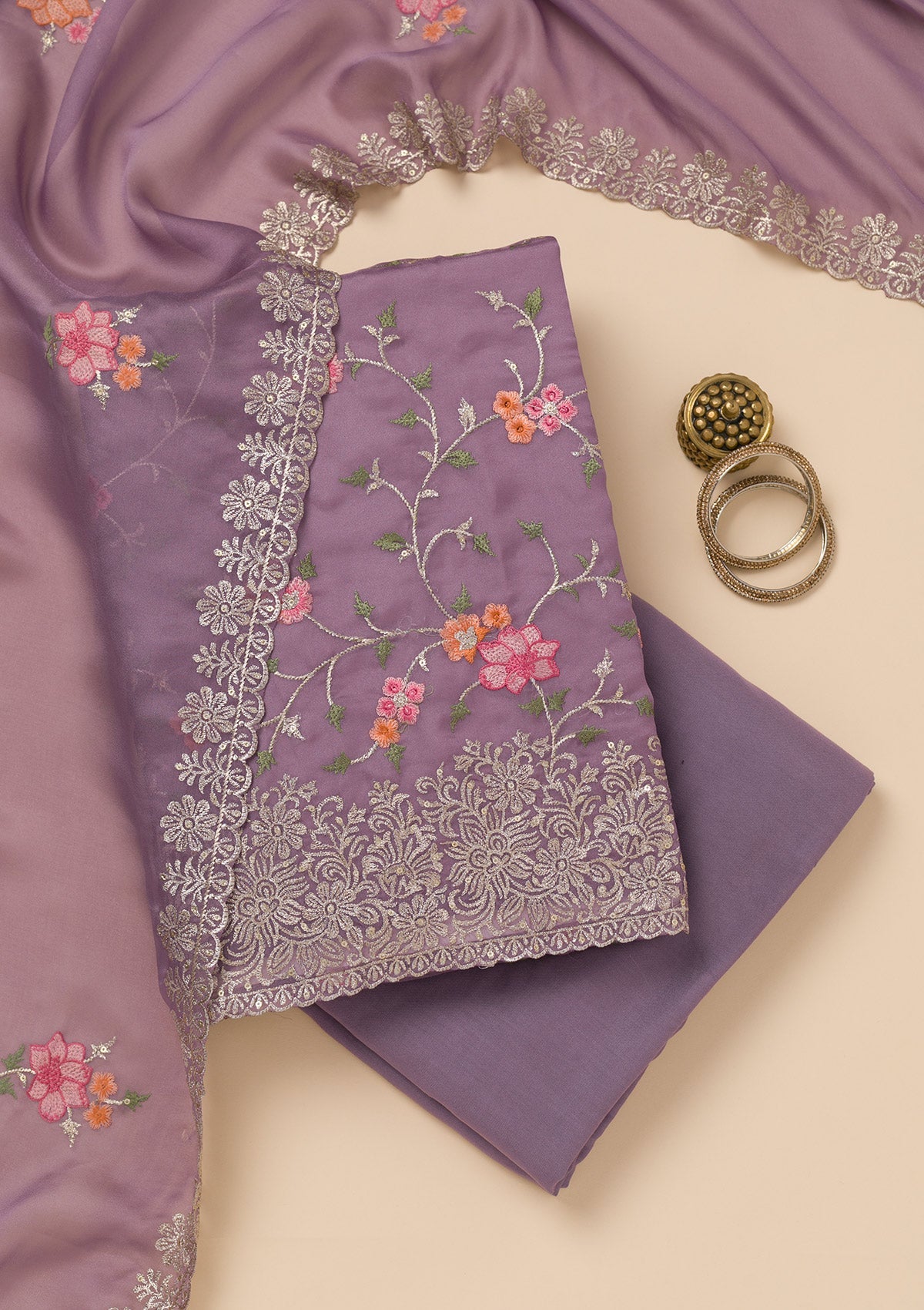 Lavender Zariwork Semi Crepe Unstitched Salwar Suit-Koskii