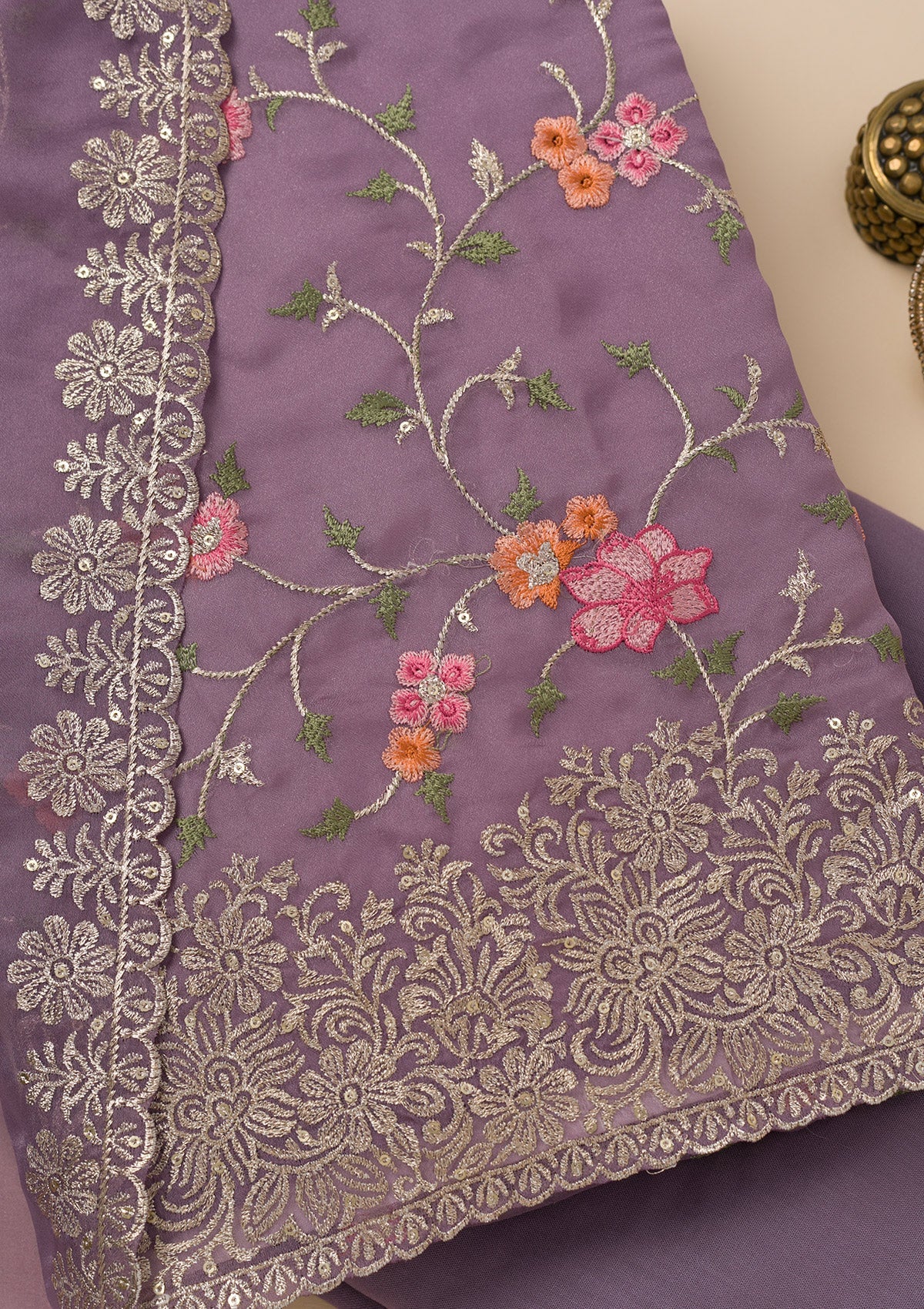 Lavender Zariwork Semi Crepe Unstitched Salwar Suit-Koskii