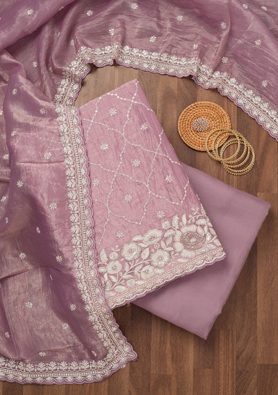 Lavender Zariwork Semi Crepe Unstitched Salwar Suit-Koskii