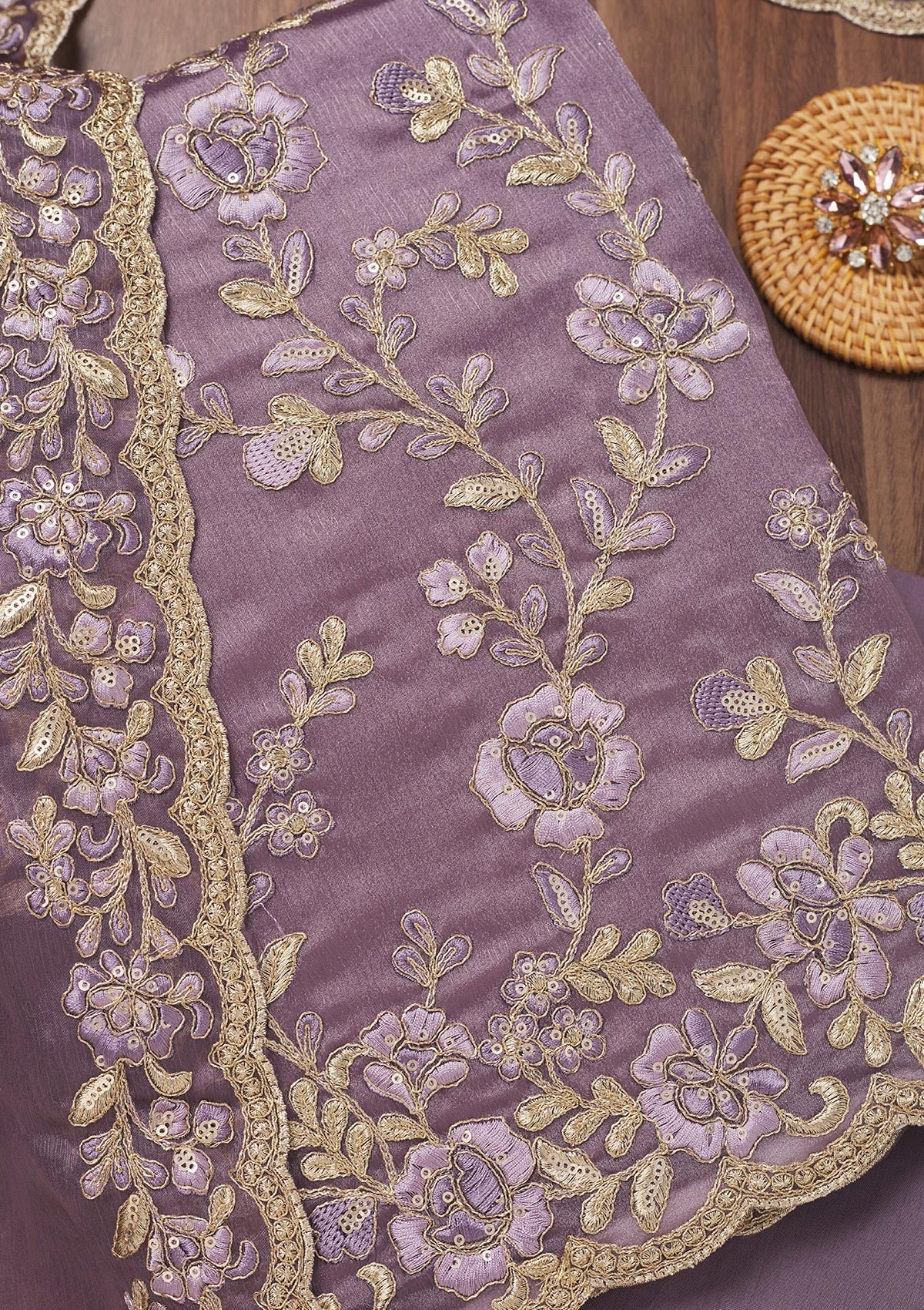 Lavender Zariwork Semi Crepe Unstitched Salwar Suit-Koskii