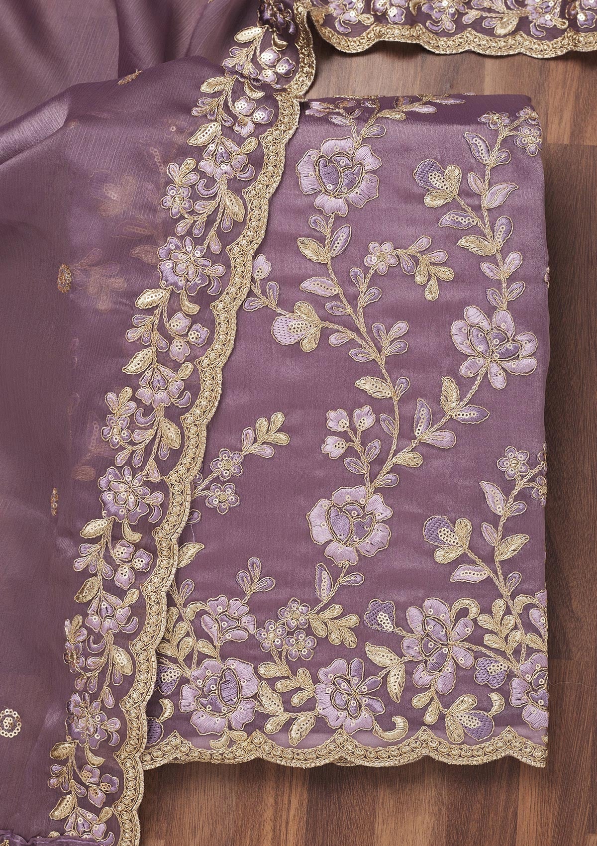 Lavender Zariwork Semi Crepe Unstitched Salwar Suit-Koskii