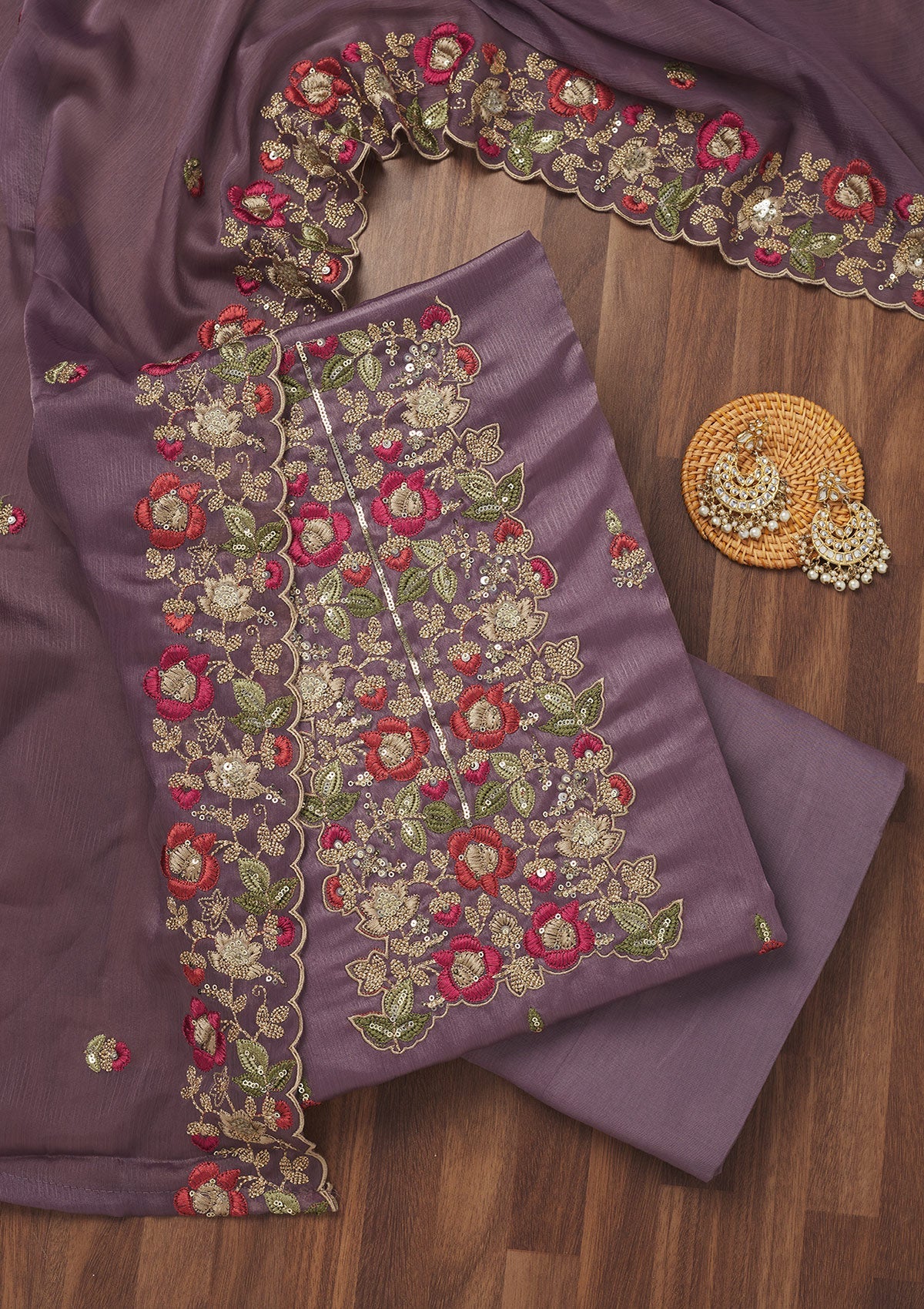 Lavender Zariwork Semi Crepe Unstitched Salwar Suit-Koskii